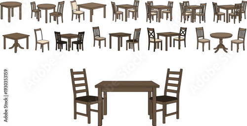 Wooden dining table and chair set collection, furniture design variations, home interior decor, restaurant seating arrangement, vector illustration bundle