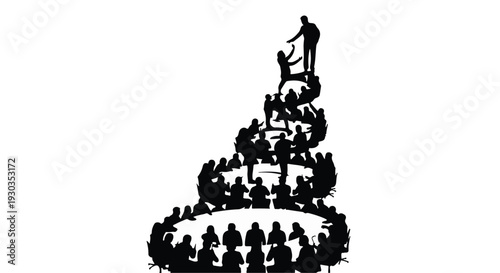 Silhouetted figures ascend a spiraling staircase of unity and collaboration towards success.