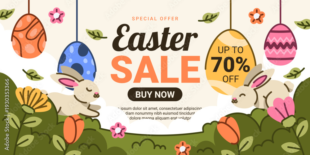 Fototapeta premium Easter Sale Horizontal Banner with Bunny, flowers and Hanging Eggs. Vector Illustration