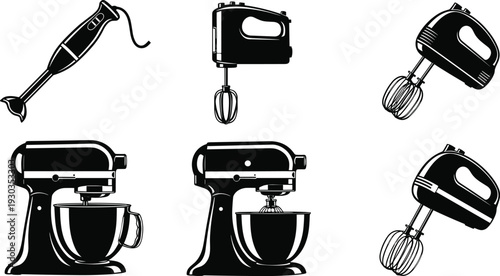 Large vector collection of kitchen electric mixer and blender icons including stand mixers hand mixers and immersion blenders for bakery culinary and home appliance design projects
