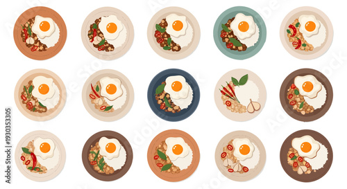 Thai Holy Basil Chicken with Rice and Fried Egg Vector Illustration Set
