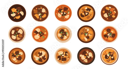 Thai Massaman Curry Beef or Chicken Stew with Potatoes and Peanuts Vector Illustration Set