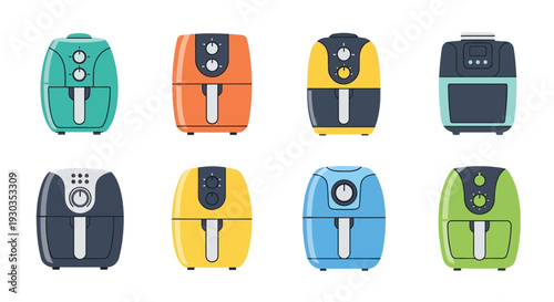 Colorful illustration of eight different air fryer appliance designs
