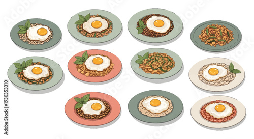 Thai Holy Basil Chicken and Stir Fried Rice with Egg Illustration Set, Pad Kra Pao and Fried Rice Icons on Colorful Plates