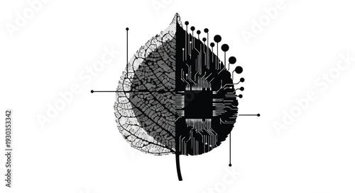 Digital leaf merges organic structure with futuristic technology and circuitry.
