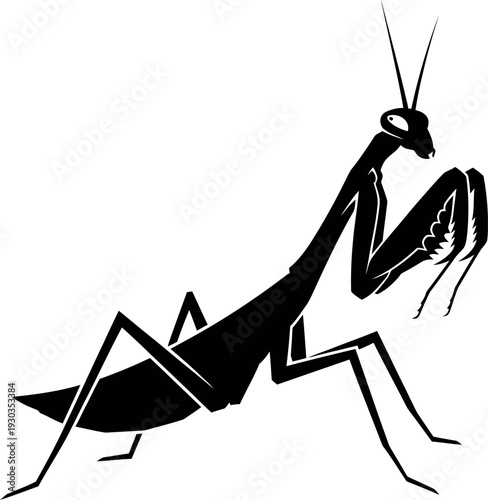 A striking black silhouette of a praying mantis in a poised stance