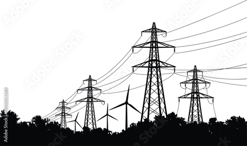 Silhouette of power lines and transmission towers with wind turbines in forest, renewable energy, electricity infrastructure, clean energy, sustainable power, environmental technology concept