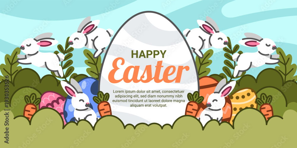 Fototapeta premium Happy Easter Landscape Background with Bunnies and Spring Flowers. Vector Illustration