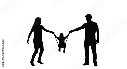 Joyful parents swing their happy child between them, creating a silhouette of family fun.