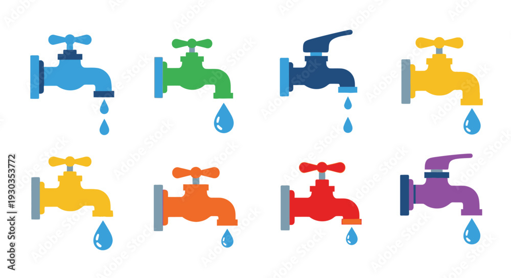 Naklejka premium Colorful water taps with dripping drops in a flat vector design