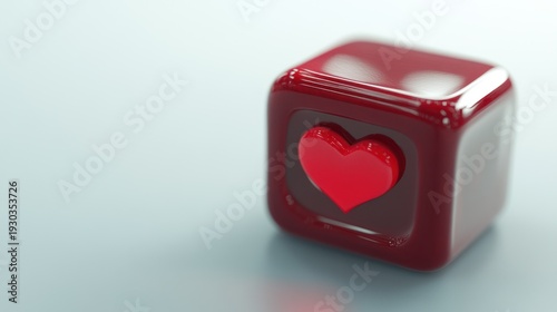 Red glass cube with heart symbol on a light surface