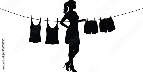 Silhouette of woman hanging laundry, drying clothes on line, fashion model pose, household chore, summer day, casual lifestyle concept