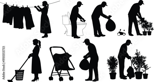 Silhouette of people doing household chores, laundry, cleaning, gardening, taking out trash, mopping floor, vacuuming, washing toilet, domestic work illustration