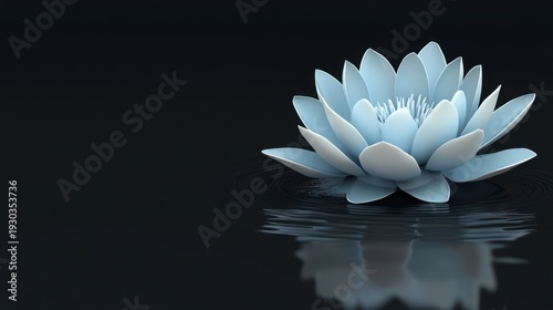 Serene 3d render of a delicate light blue lotus flower floating on rippling dark water, with soft reflections