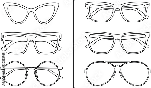 Line Art Collection of Trendy Eyeglasses and Sunglasses Frames Featuring Cat Eye Round and Aviator Styles Isolated on White Background for Optical Fashion Design
