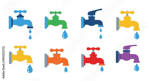 Colorful water taps with dripping drops in a flat vector design