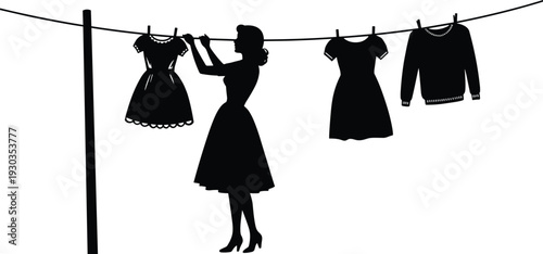 Silhouette of vintage woman hanging dresses and sweater on clothesline, drying garments outdoors, household chore, retro lifestyle, domestic work, clean laundry