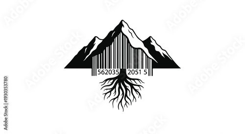 Majestic mountain peak merging with a barcode and roots, symbolizing nature's value and connection