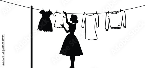 Silhouette of vintage woman hanging clothes on laundry line, drying garments, household chore, domestic work, retro lifestyle, clean clothes, home care