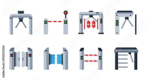 Illustrations of various turnstile and barrier gate designs in flat style
