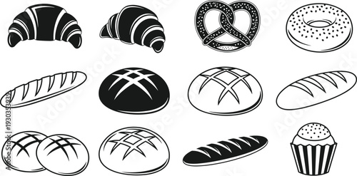 Minimalist black and white bakery vector set featuring croissant, pretzel, donut, baguette, and artisan bread loaf illustrations on a white background for cafe branding.