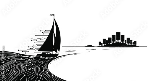 Sleek sailboat navigates digital ocean towards futuristic city skyline