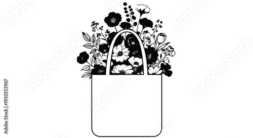 Tote bag overflowing with a vibrant bouquet of blooming flowers and foliage.