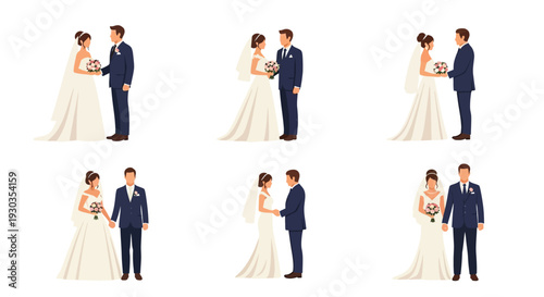 Illustrations of wedding couples in various poses and outfits
