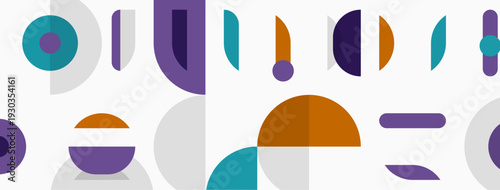 Abstract geometric shapes, muted colors, modern design. Composition features circles, rectangles, lines, overlapping forms. Minimalist aesthetic.