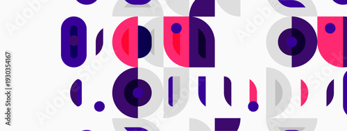 Abstract pattern features purple, white shapes. Circles, rectangles overlap creating modern design. Minimalist aesthetic, repetitive elements visible.
