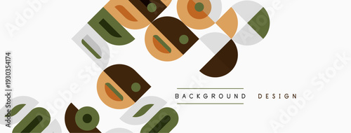 Abstract geometric shapes overlap, creating modern design. Colors include brown, beige, olive, gray. Minimalist aesthetic, clean lines present.