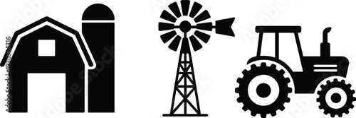 Vector illustration set of three black farm icons showing barn with silo, windmill, and tractor representing agriculture, rural life, farming infrastructure.