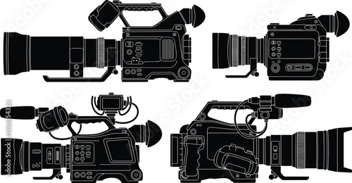 Professional Cinema Video Camera Silhouettes Set Featuring Digital Movie Recording Equipment and Television Broadcasting Gear Isolated on White Background for Filmmaking Industry Media Production