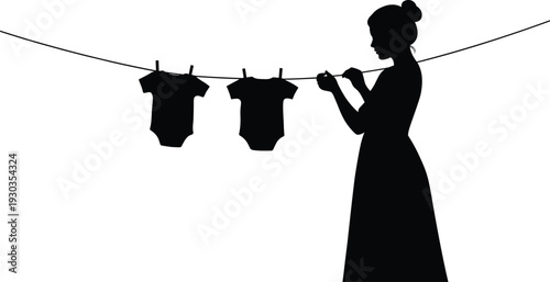 Silhouette of woman drying baby clothes on clothesline, domestic housework scene, laundry concept illustration, vintage flat vector drawing art