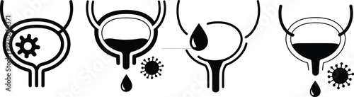 Vector illustration set of urinary bladder icons showing infection symptoms, medical health graphics for urology, urinary tract infection awareness and education