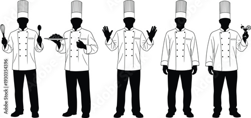 Professional Chef Silhouettes Set Featuring Kitchen Staff Wearing Traditional Uniforms and Hats Holding Food Plates and Cooking Utensils Isolated on White Background for Restaurant Graphics