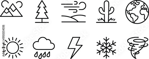 Vector illustration of natural environment and weather icons including mountains, pine tree, wind, cactus, globe, sun, rain, lightning, snowflake, tornado.