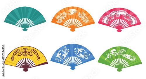 A collection of six decorative folding fans in various colors and designs