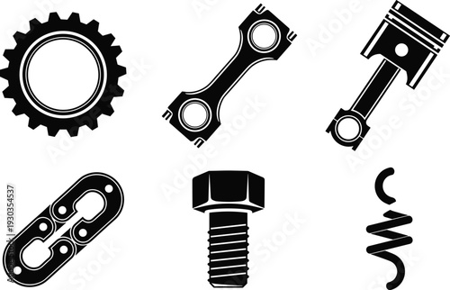 Set of black mechanical engine parts icons featuring gear, piston, connecting rod, chain link, bolt, and spring isolated on white background vector illustration.Set of black mechanical engine parts 