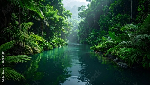 Tropical river flowing through dense jungle with lush green foliage