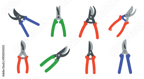 Collection of colorful pruning shears and garden scissors in various styles