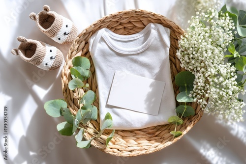 Minimal baby bodysuit mockup in wicker basket with eucalyptus and white flowers, soft natural light, neutral newborn clothing template with blank card for branding, organic maternity concept backgroun