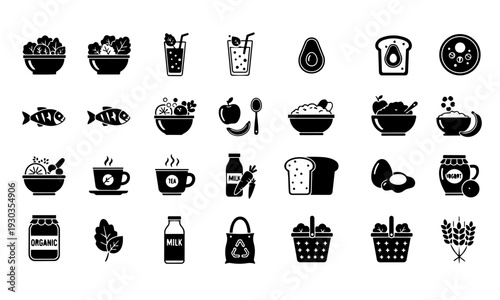 Healthy Food and Grocery Icon Set – Organic Nutrition Silhouette Vectors