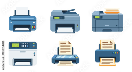 Illustration of various office printers in a flat cartoon style