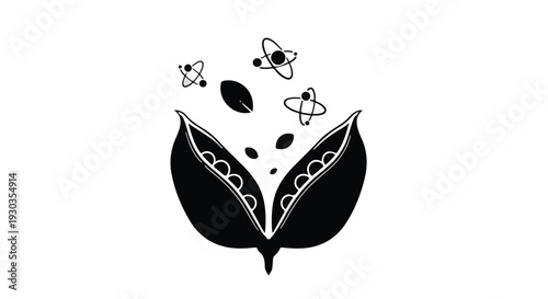 Abstract illustration of open seed pod with stylized atoms and leaves floating upwards, symbolizing growth and innovation.