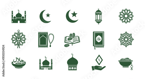Collection of Islamic Symbols and Icons in Green.
