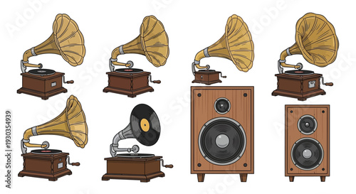 Vintage gramophones and modern speaker illustrations in a graphic design