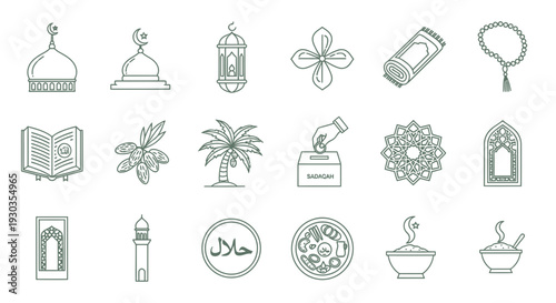 Collection of Islamic symbols and icons in minimalist line art style.