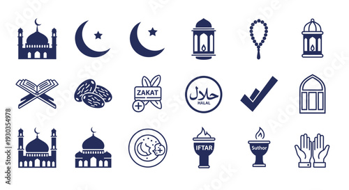 Collection of Islamic symbols and icons in dark blue on white background.