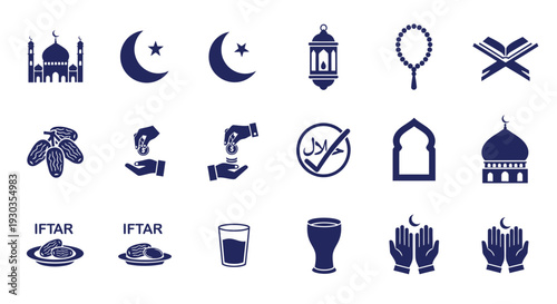 Collection of Islamic symbols and icons representing Ramadan and fasting.